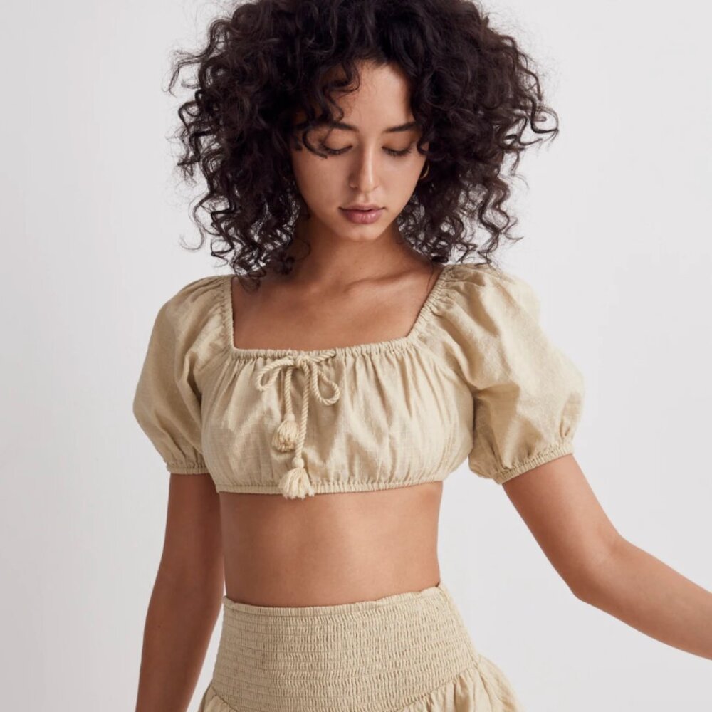 Dobby Tie Front Puff Sleeve Supercropped Top Size medium